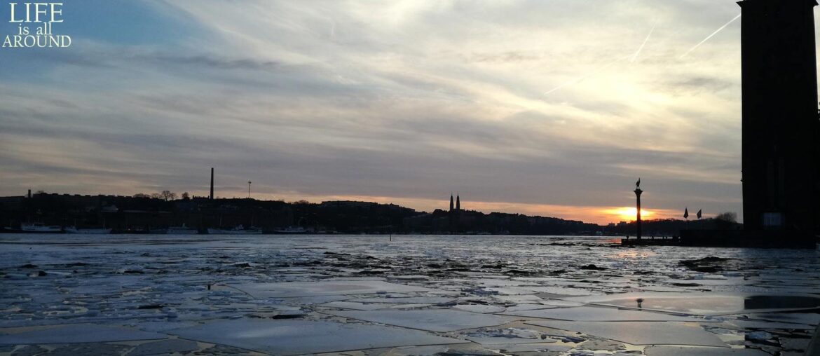 Melting snow in Stockholm Sweden in 2019 during sunset